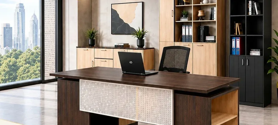 Ruang kerja eksekutif dengan meja Luxvee berlapis walnut dan lemari buku