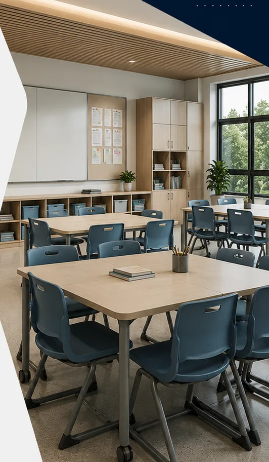 Ruang kelas dengan meja dan kursi siswa modern